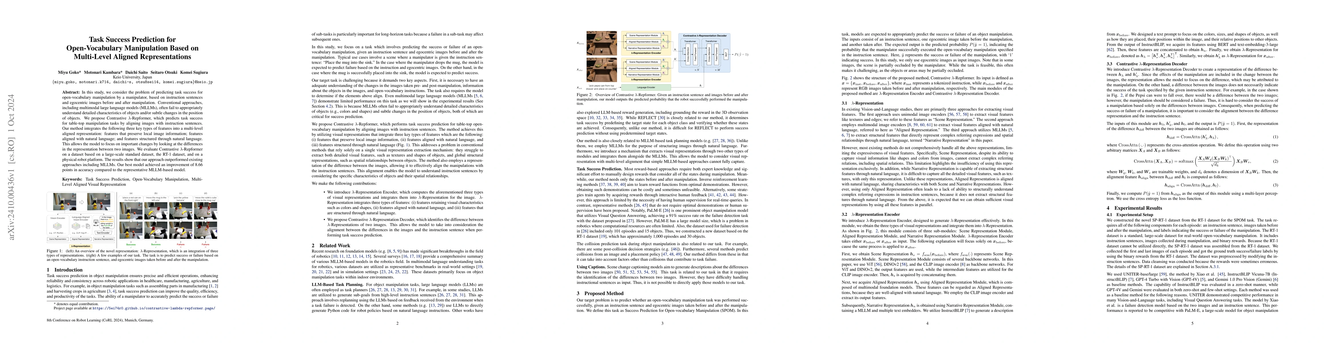 Thumbnail for Task Success Prediction for Open-Vocabulary Manipulation Based on
  Multi-Level Aligned Representations