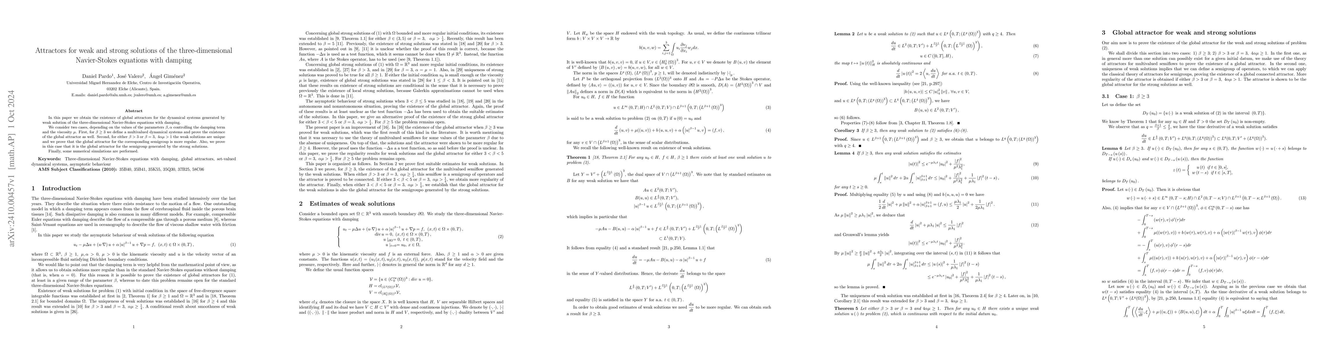 Thumbnail for Attractors for weak and strong solutions of the three-dimensional
  Navier-Stokes equations with damping