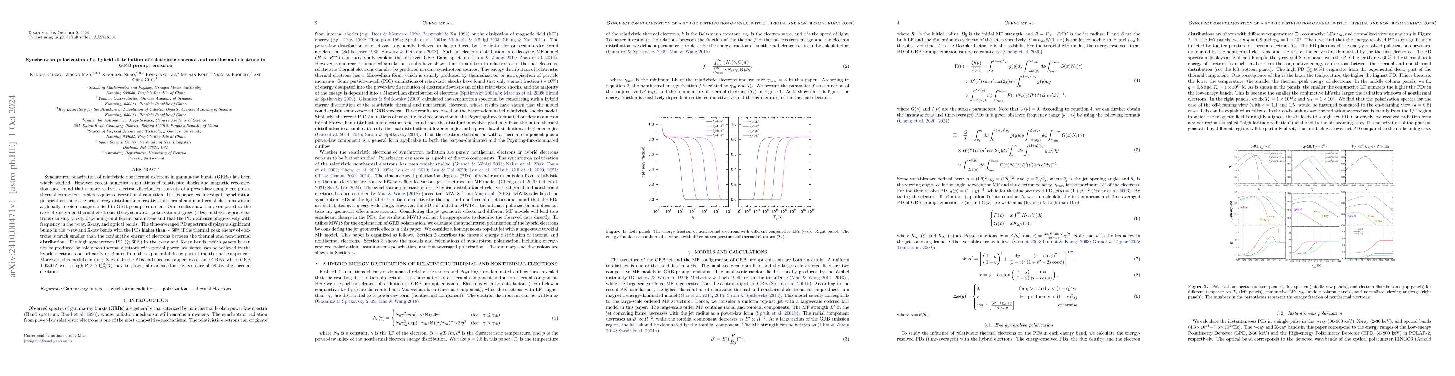 Thumbnail for Synchrotron polarization of a hybrid distribution of relativistic
  thermal and nonthermal electrons in GRB prompt emission