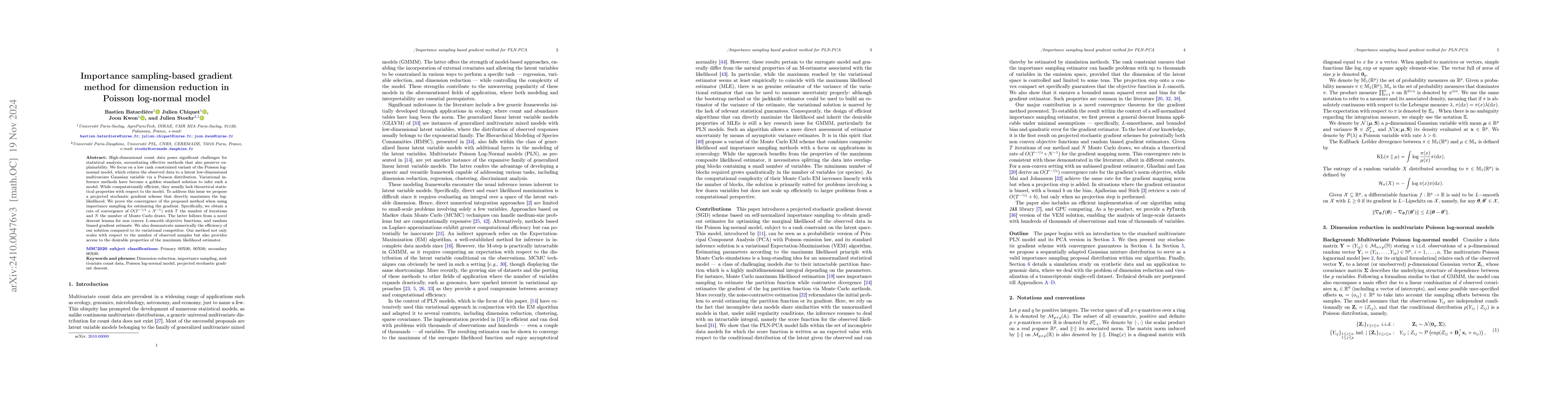 Thumbnail for Importance sampling-based gradient method for dimension reduction in
  Poisson log-normal model
