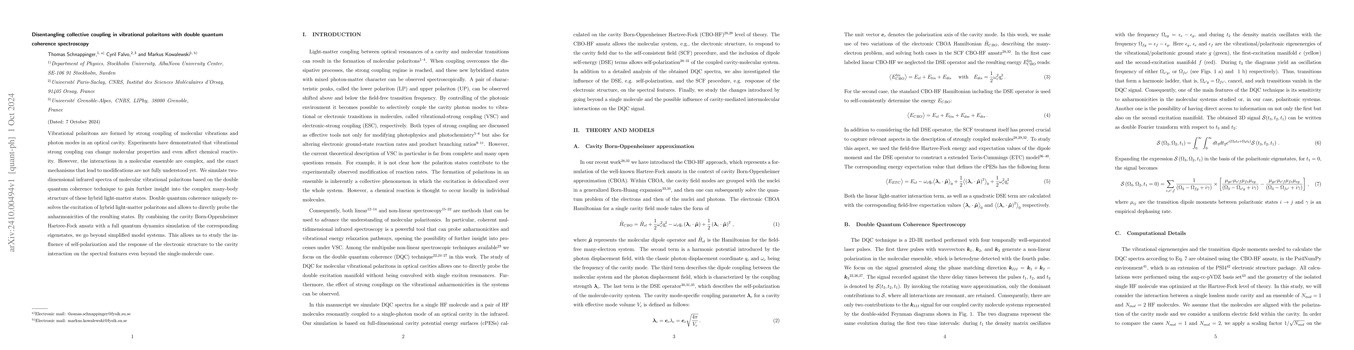 Thumbnail for Disentangling collective coupling in vibrational polaritons with double
  quantum coherence spectroscopy
