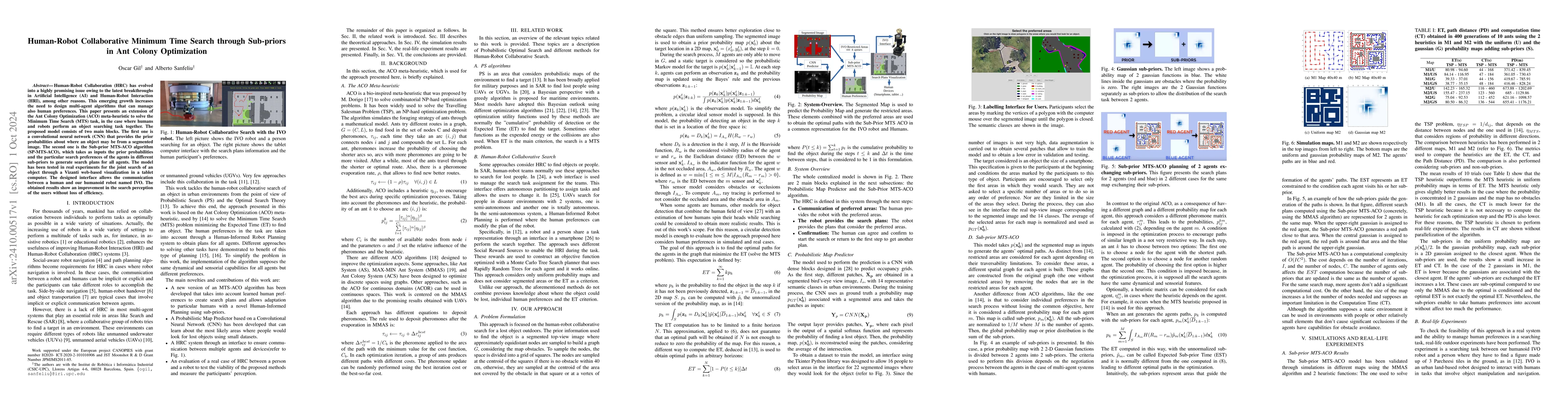 Thumbnail for Human-Robot Collaborative Minimum Time Search through Sub-priors in Ant
  Colony Optimization