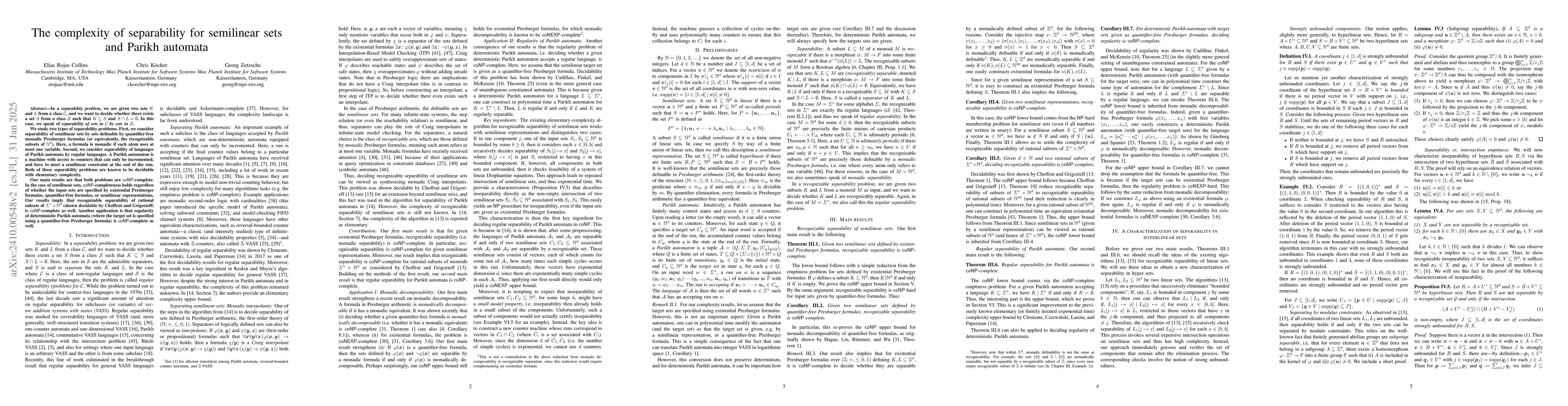 Thumbnail for The complexity of separability for semilinear sets and Parikh automata