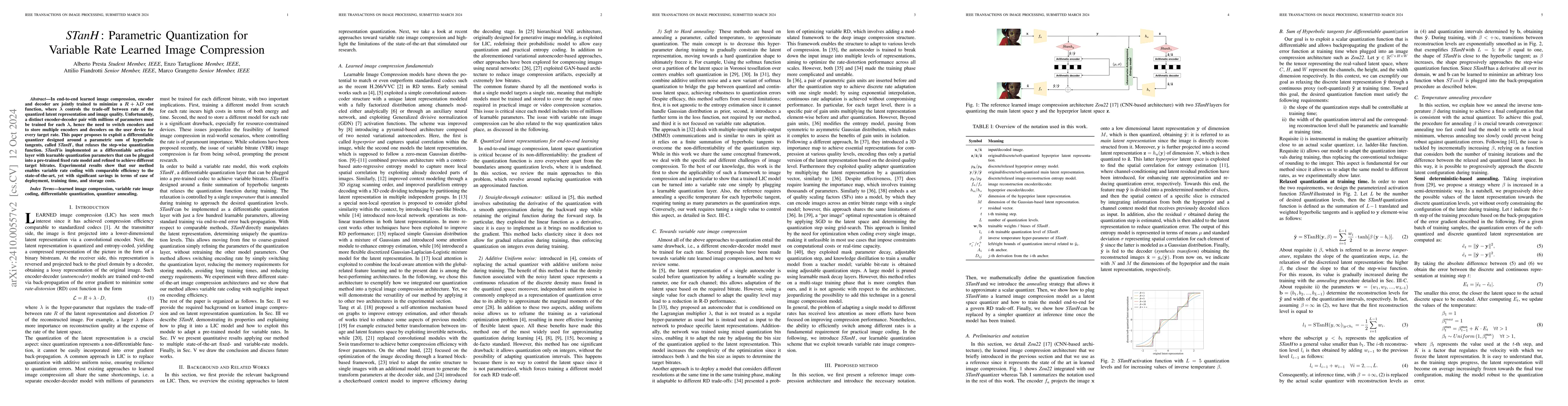 Thumbnail for STanH : Parametric Quantization for Variable Rate Learned Image
  Compression