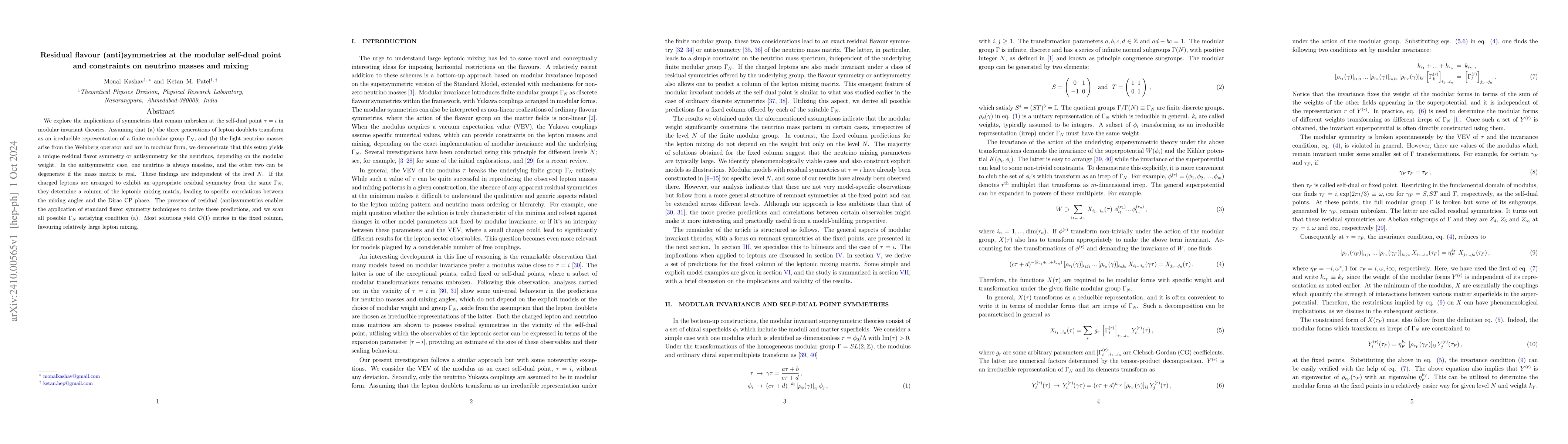 Thumbnail for Residual flavour (anti)symmetries at the modular self-dual point and
  constraints on neutrino masses and mixing