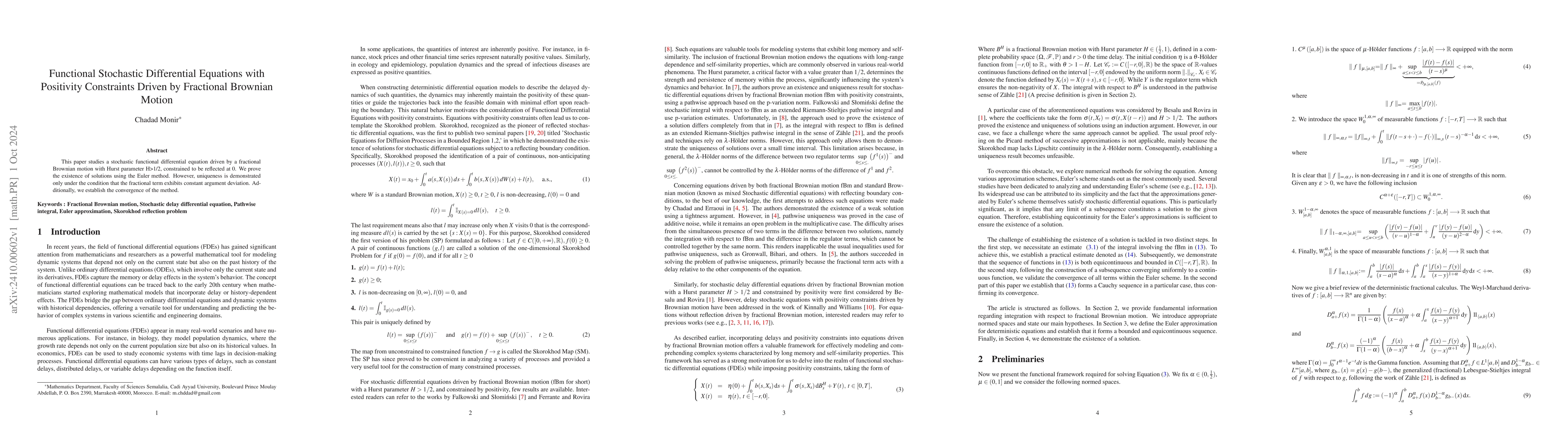 Thumbnail for Functional Stochastic Differential Equations with Positivity Constraints
  Driven by Fractional Brownian Motion