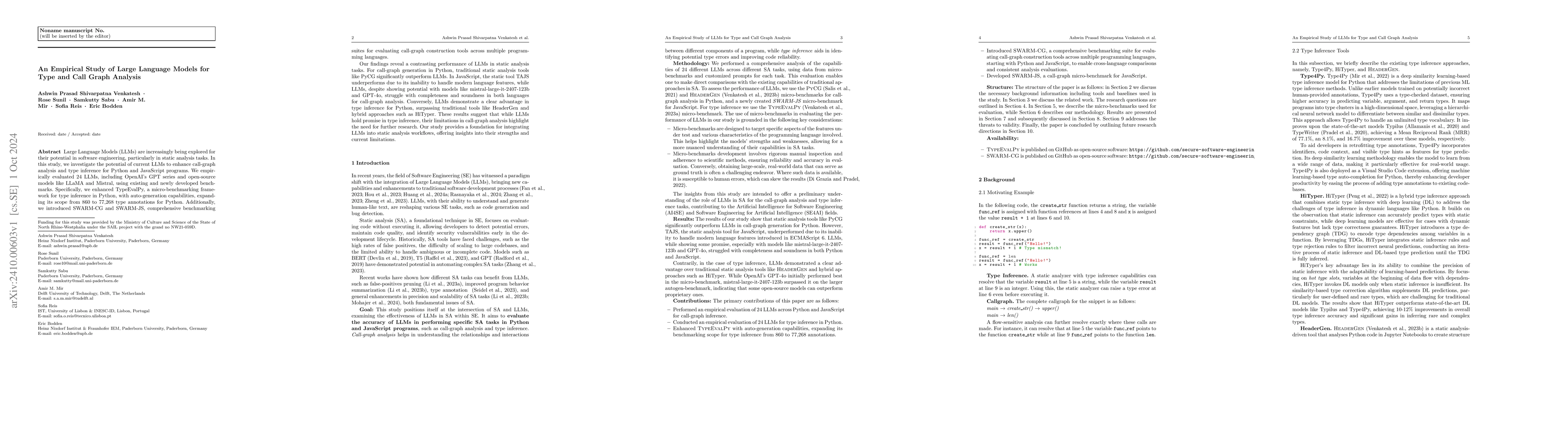Thumbnail for An Empirical Study of Large Language Models for Type and Call Graph
  Analysis