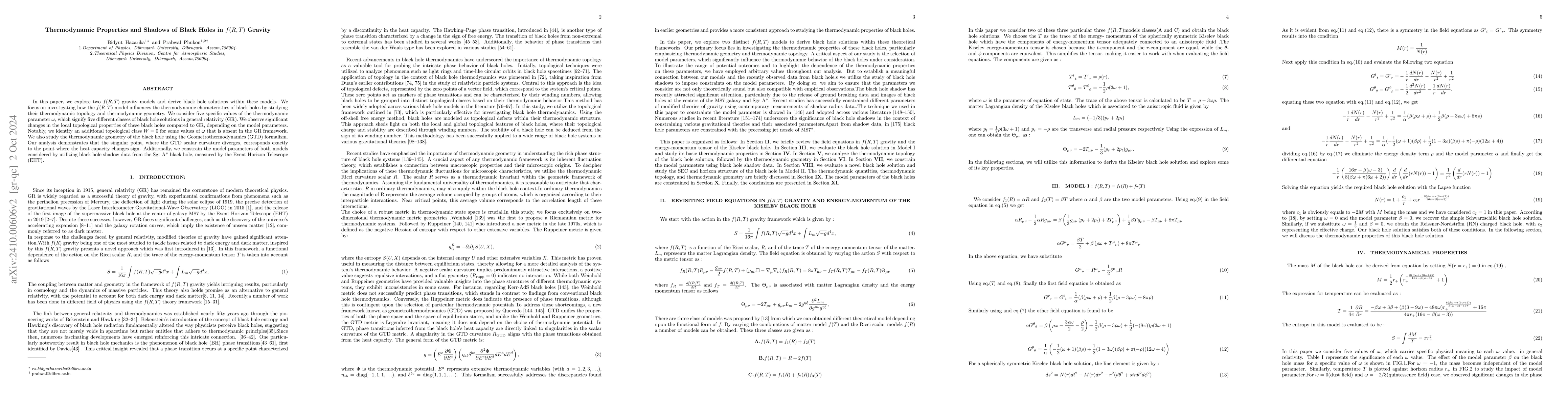 Thumbnail for Thermodynamic Properties and Shadows of Black Holes in $f(R,T)$ Gravity