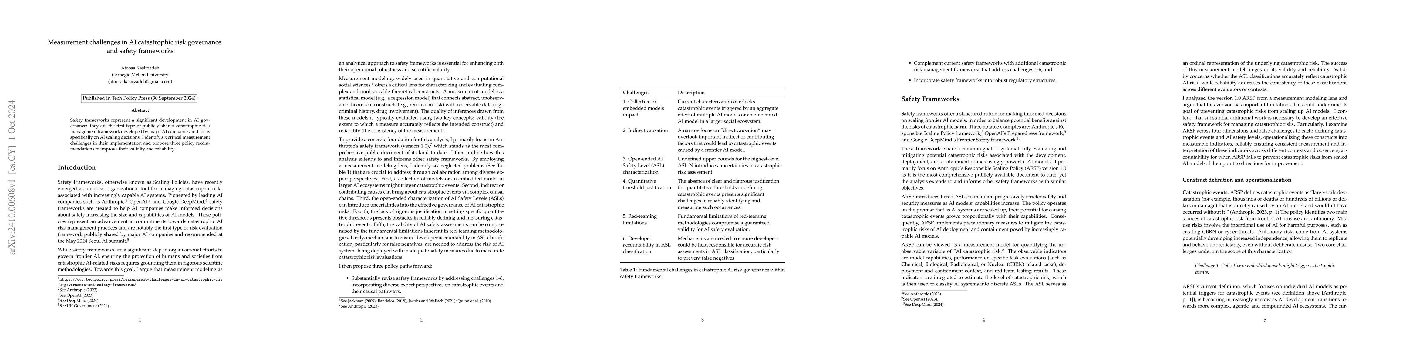 Thumbnail for Measurement challenges in AI catastrophic risk governance and safety
  frameworks