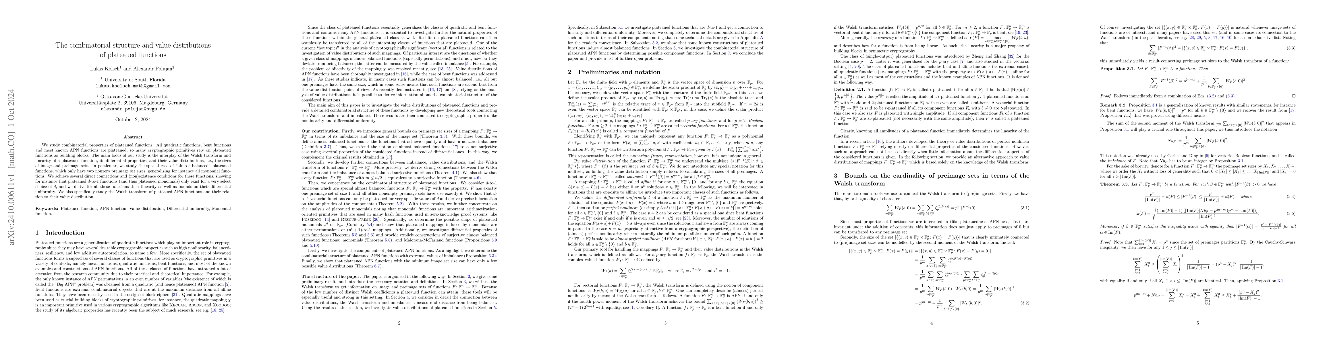 Thumbnail for The combinatorial structure and value distributions of plateaued
  functions