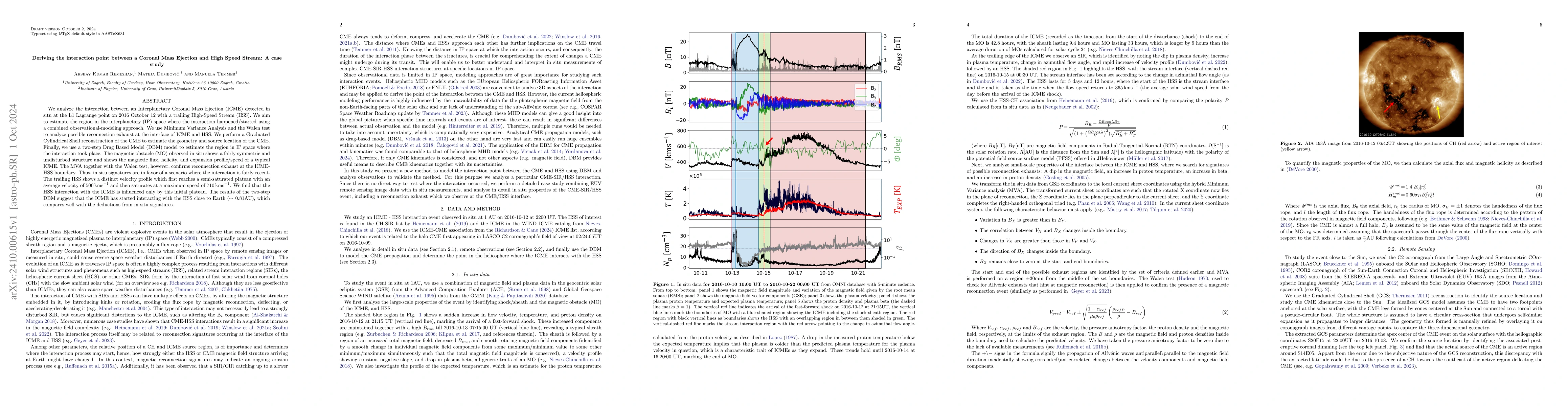 Thumbnail for Deriving the interaction point between a Coronal Mass Ejection and High
  Speed Stream: A case study