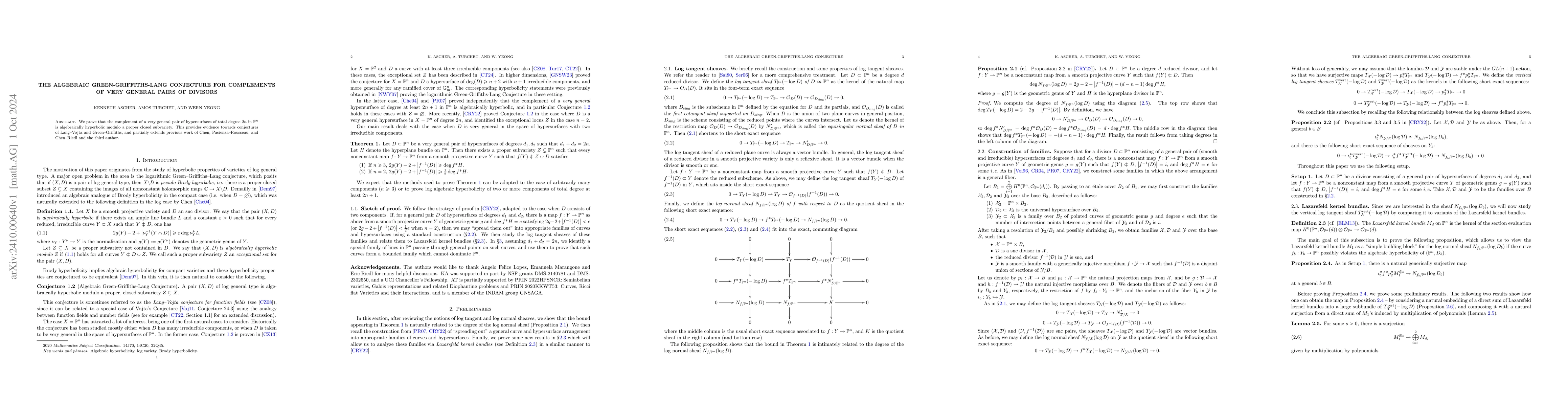 Thumbnail for The algebraic Green-Griffiths-Lang conjecture for complements of very
  general pairs of divisors