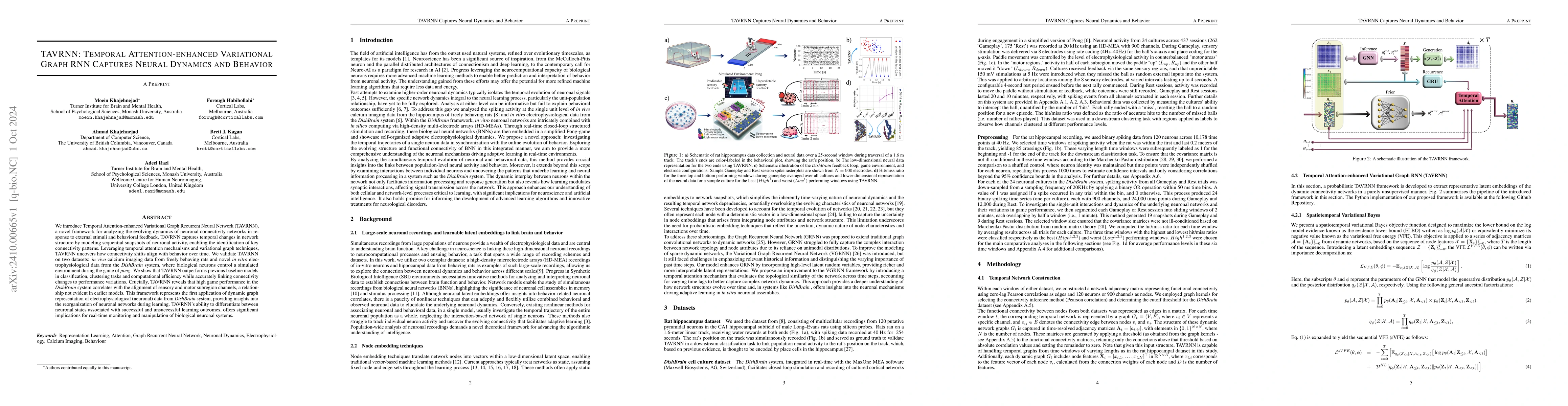 Thumbnail for TAVRNN: Temporal Attention-enhanced Variational Graph RNN Captures
  Neural Dynamics and Behavior