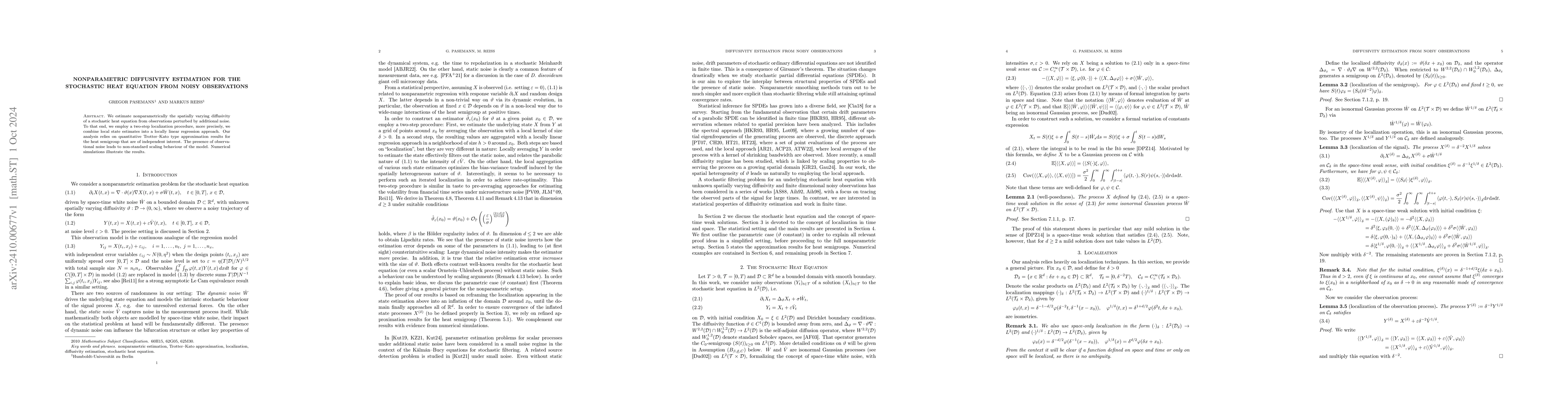 Thumbnail for Nonparametric Diffusivity Estimation for the Stochastic Heat Equation
  from Noisy Observations