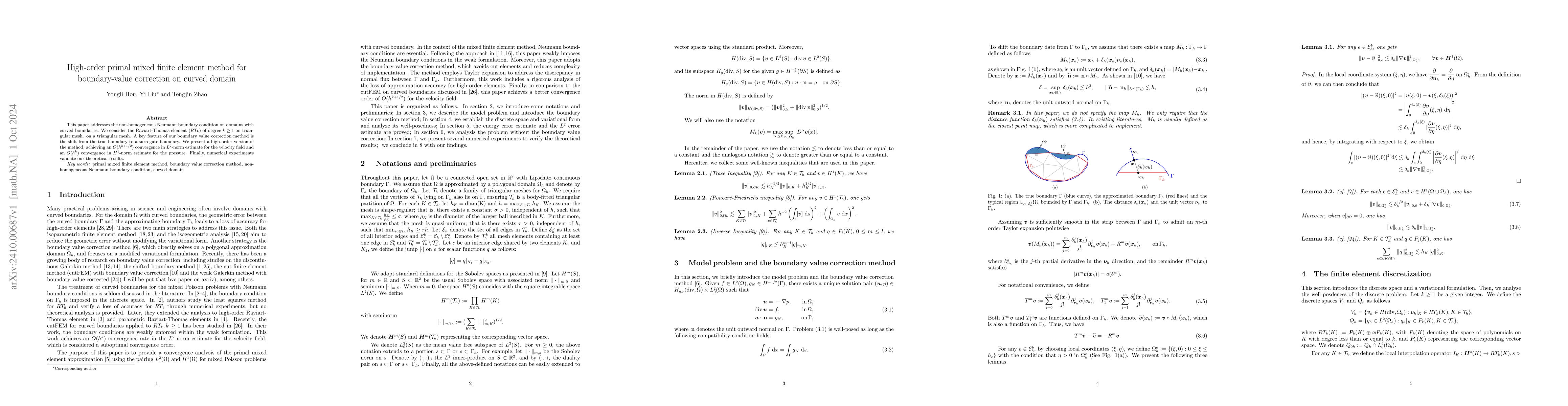 Thumbnail for High-order primal mixed finite element method for boundary-value
  correction on curved domain