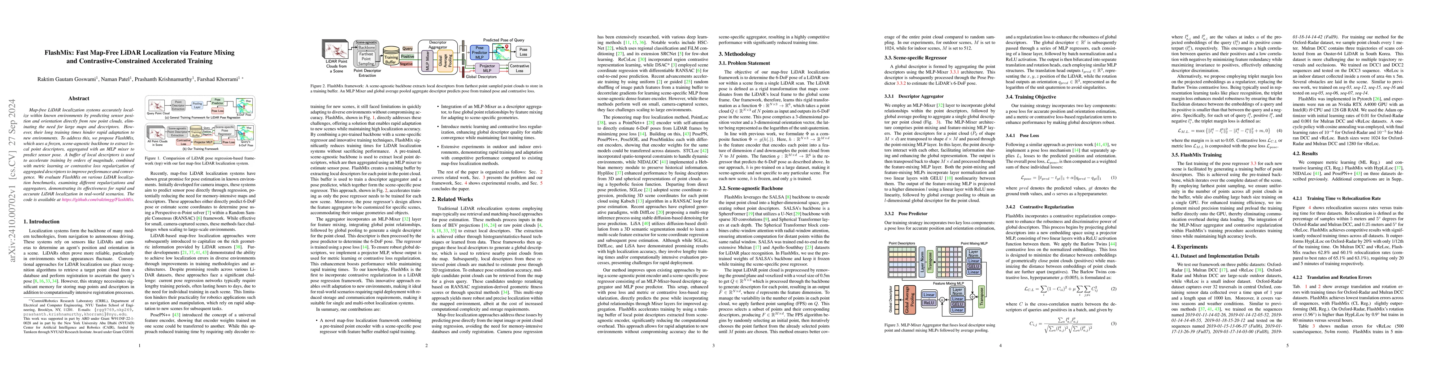 Thumbnail for FlashMix: Fast Map-Free LiDAR Localization via Feature Mixing and
  Contrastive-Constrained Accelerated Training