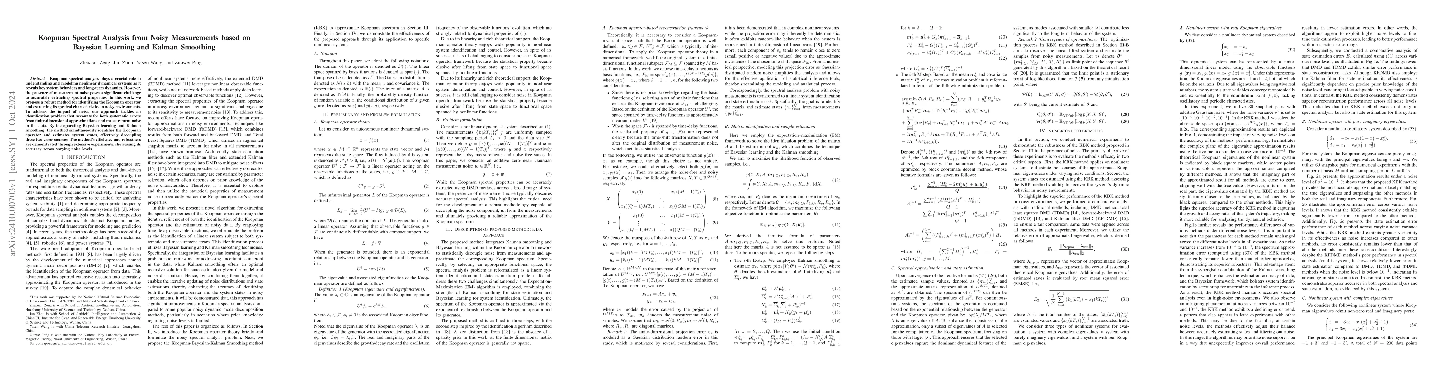 Thumbnail for Koopman Spectral Analysis from Noisy Measurements based on Bayesian
  Learning and Kalman Smoothing