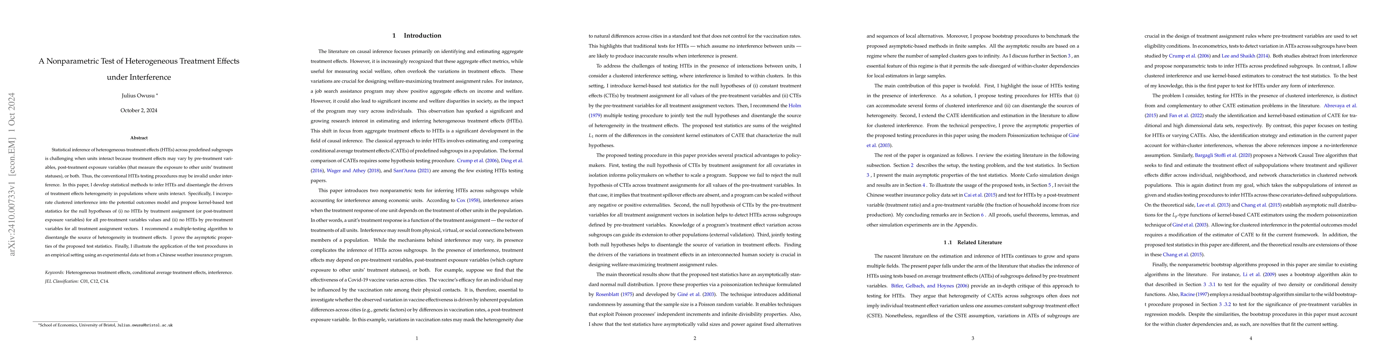 Thumbnail for A Nonparametric Test of Heterogeneous Treatment Effects under
  Interference