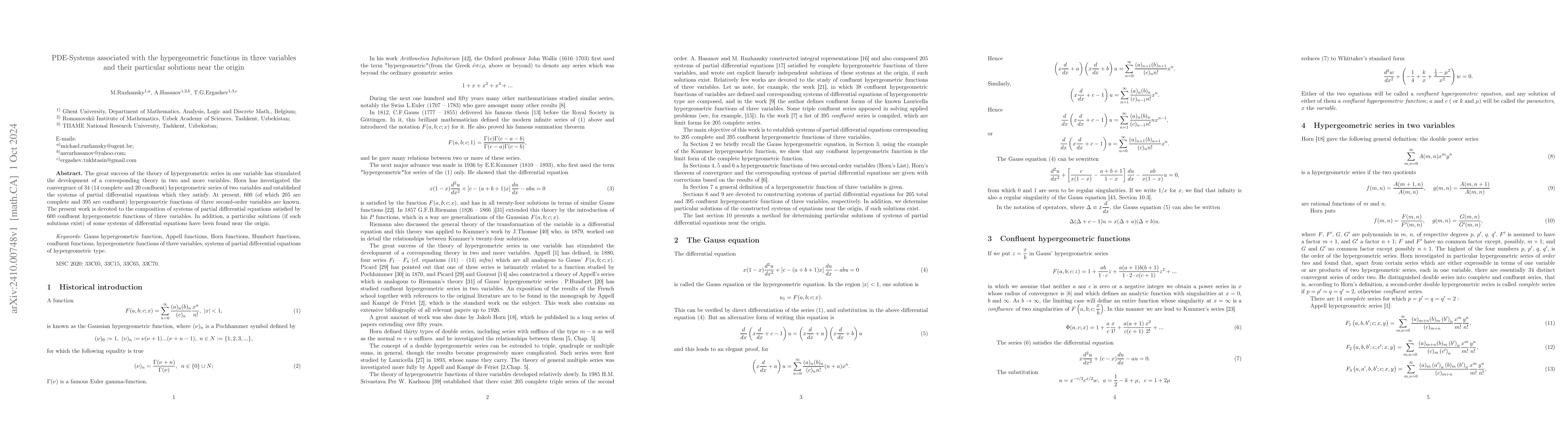 Thumbnail for PDE-Systems associated with the hypergeometric functions in three
  variables and their particular solutions near the origin