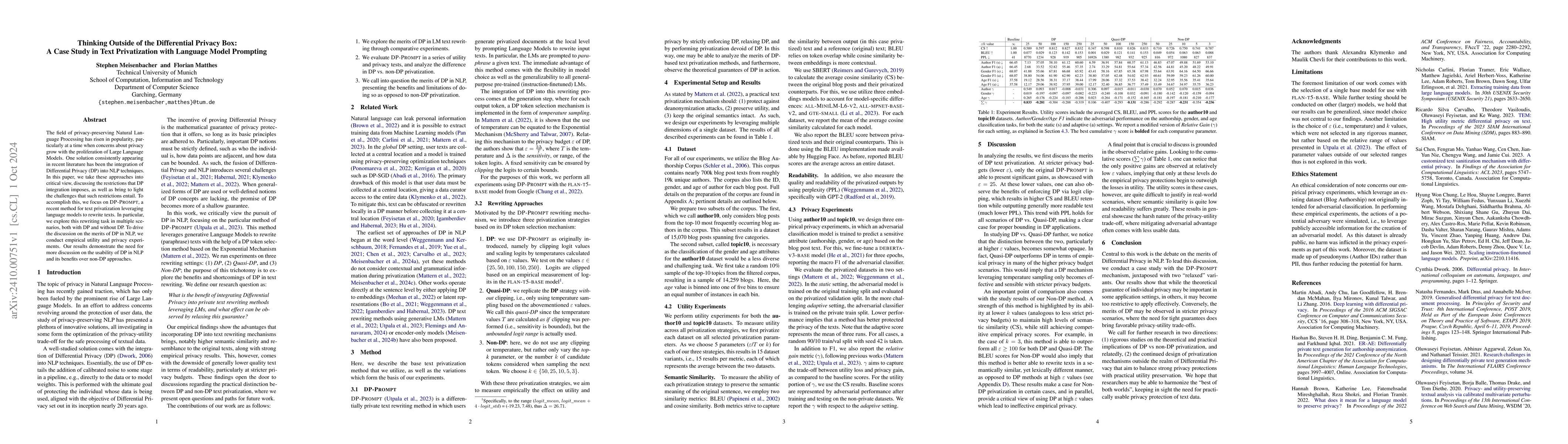 Thumbnail for Thinking Outside of the Differential Privacy Box: A Case Study in Text
  Privatization with Language Model Prompting