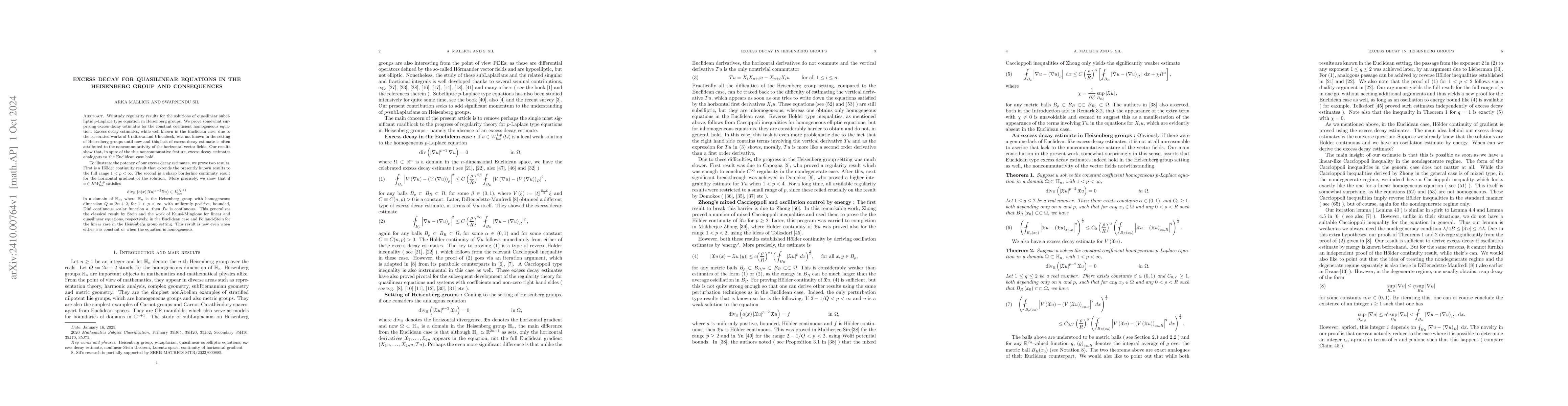 Thumbnail for Excess decay for quasilinear equations in the Heisenberg group and
  consequences