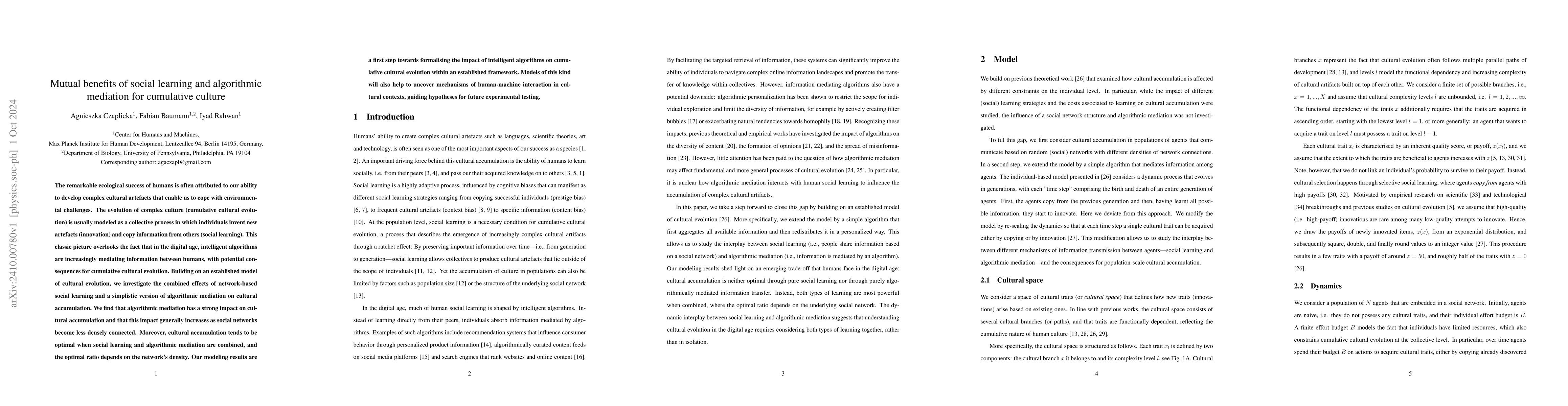 Thumbnail for Mutual benefits of social learning and algorithmic mediation for
  cumulative culture