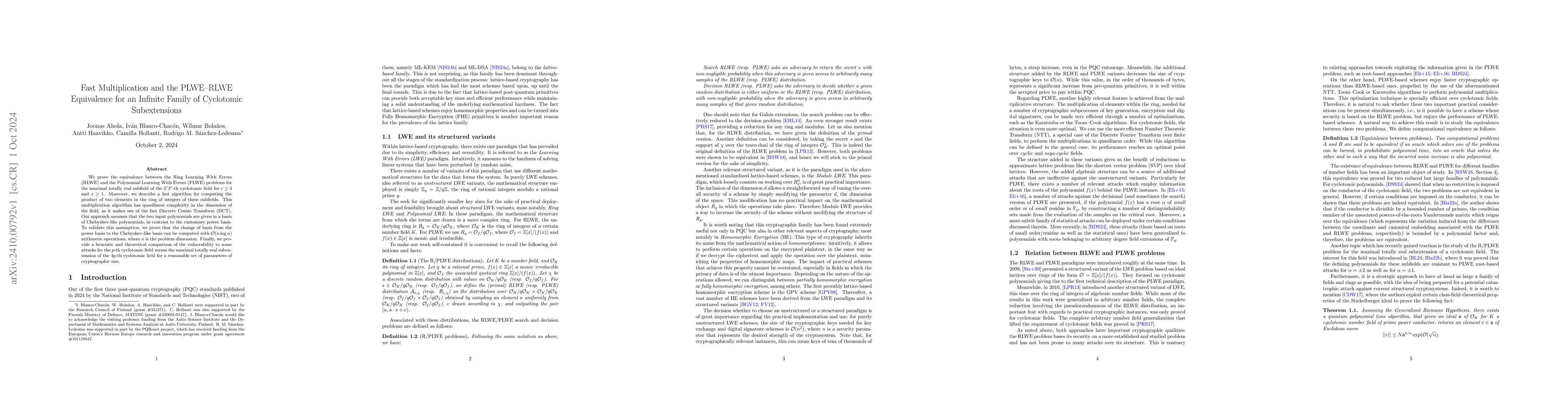 Thumbnail for Fast Multiplication and the PLWE-RLWE Equivalence for an Infinite Family
  of Cyclotomic Subextensions