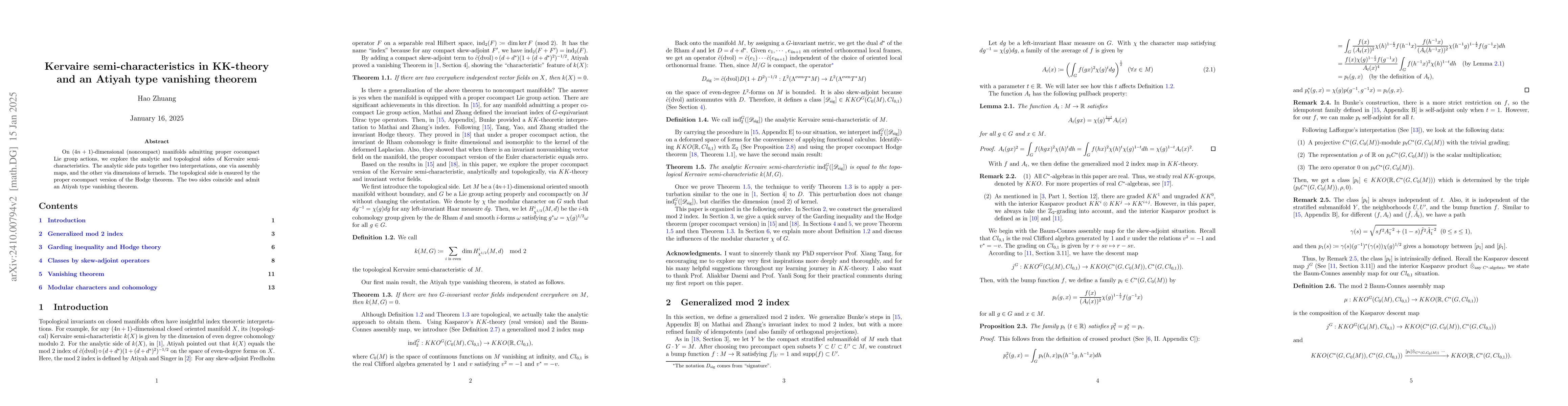 Thumbnail for Kervaire semi-characteristics in KK-theory and an Atiyah type vanishing
  theorem
