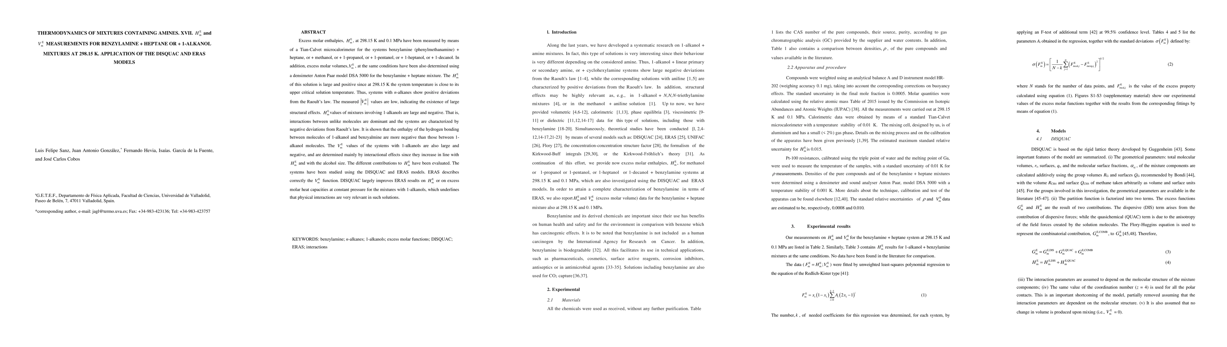 Thumbnail for Thermodynamics of mixtures containing amines. XVII. Excess molar
  enthalpy and volume measurements for benzylamine + heptane or + 1-alkanol
  mixtures at 298.15 K. Application of the DISQUAC and ERAS models