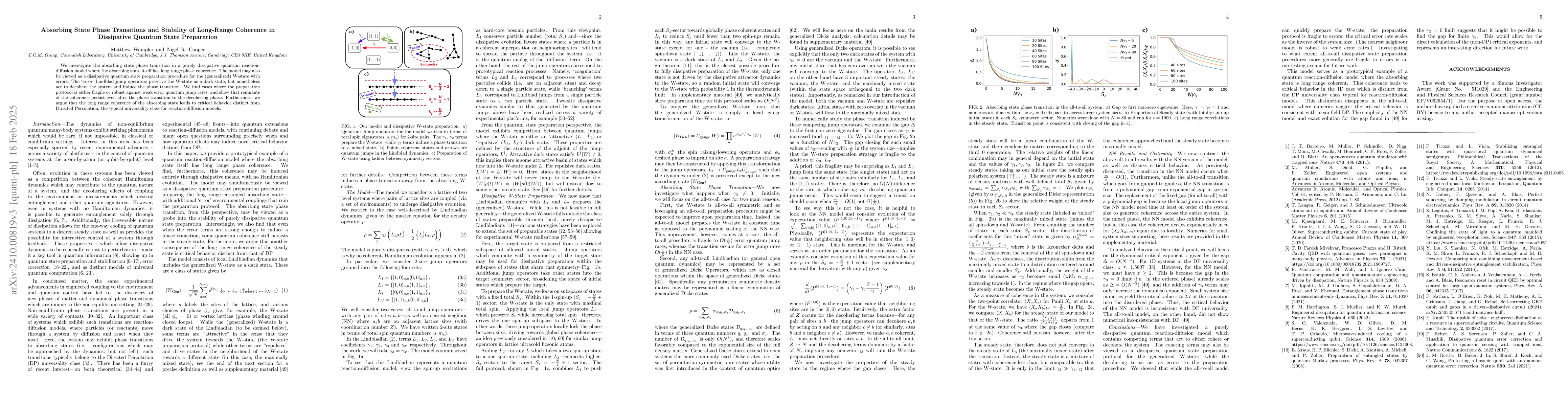 Thumbnail for Absorbing State Phase Transitions and Stability of Long-Range Coherence
  in Dissipative Quantum State Preparation