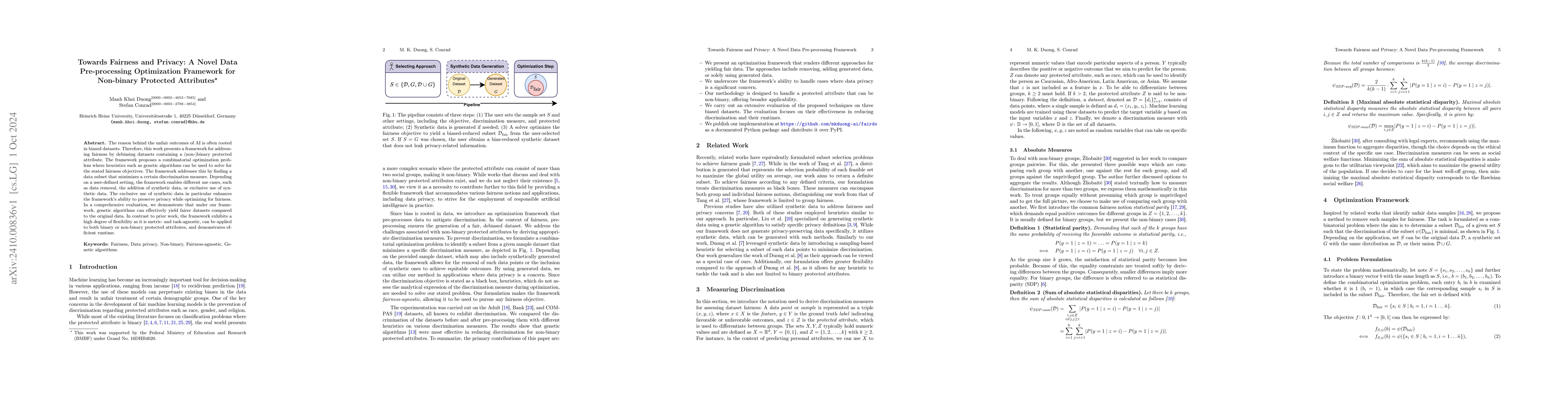 Thumbnail for Towards Fairness and Privacy: A Novel Data Pre-processing Optimization
  Framework for Non-binary Protected Attributes