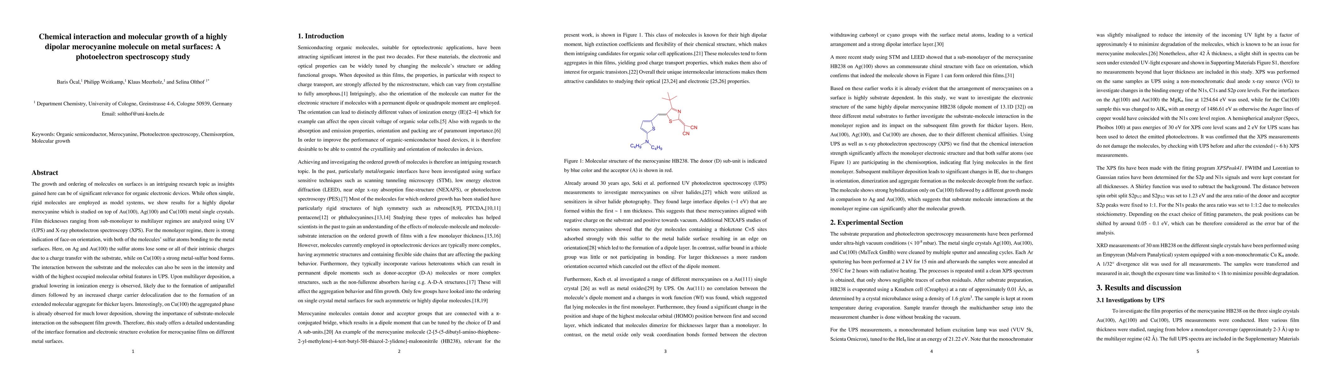 Thumbnail for Chemical interaction and molecular growth of a highly dipolar
  merocyanine molecule on metal surfaces: A photoelectron spectroscopy study