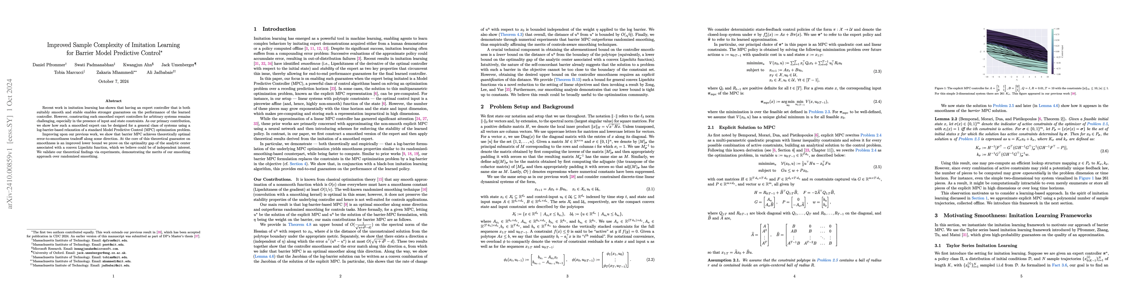 Thumbnail for Improved Sample Complexity of Imitation Learning for Barrier Model
  Predictive Control