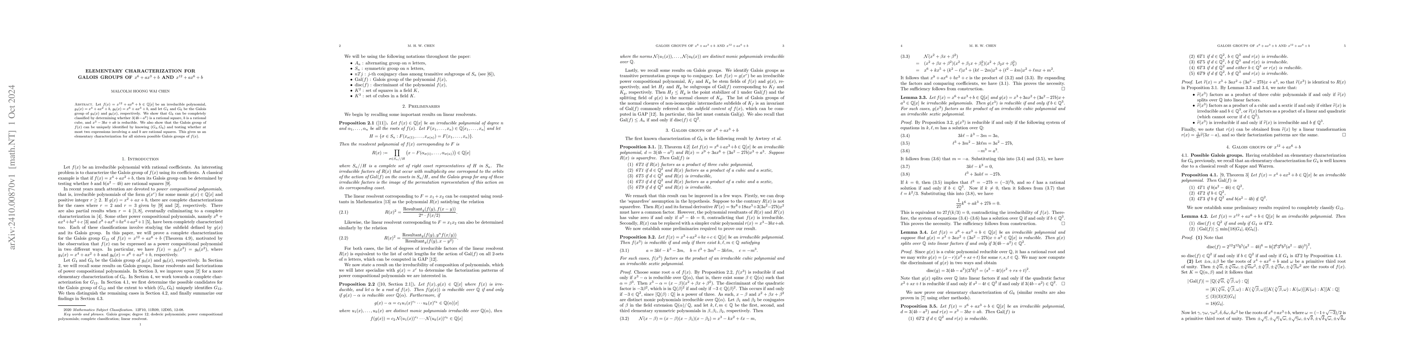 Thumbnail for Elementary characterization for Galois groups of $x^6+ax^3+b$ and
  $x^{12}+ax^6+b$