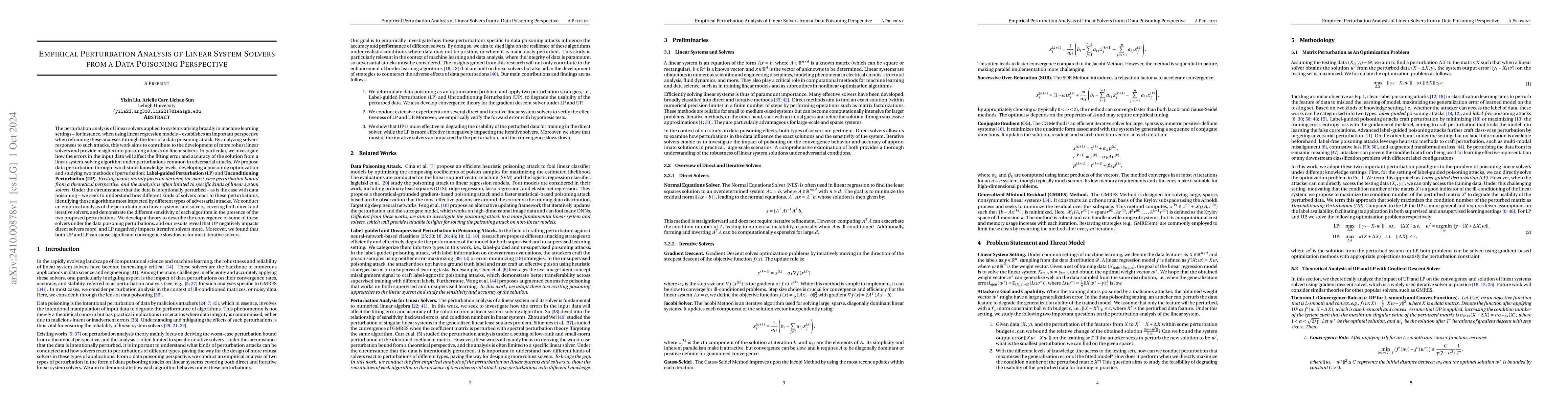 Thumbnail for Empirical Perturbation Analysis of Linear System Solvers from a Data
  Poisoning Perspective