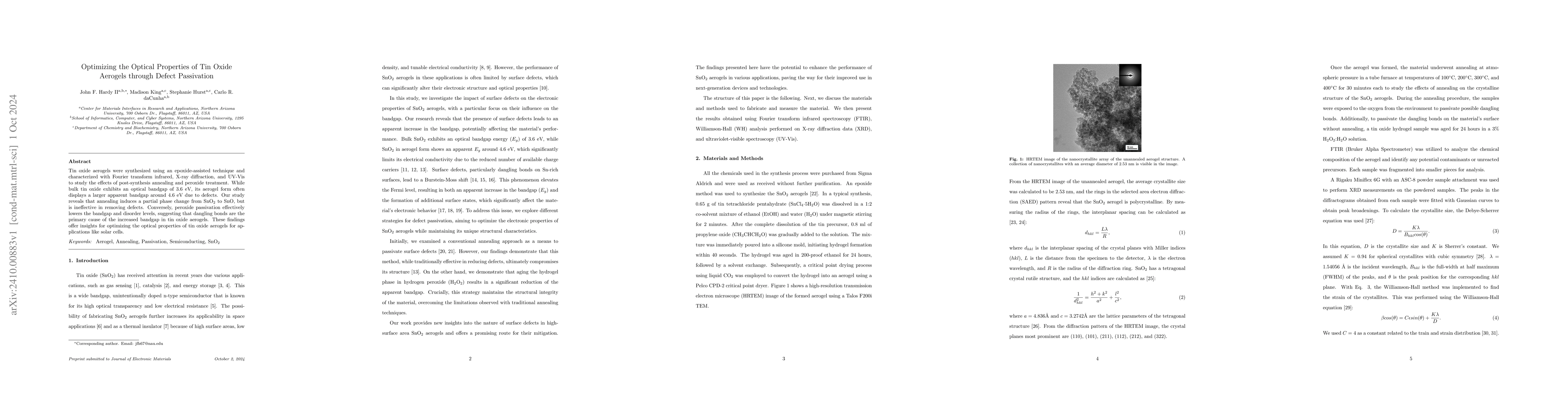 Thumbnail for Optimizing the Optical Properties of Tin Oxide Aerogels through Defect
  Passivation