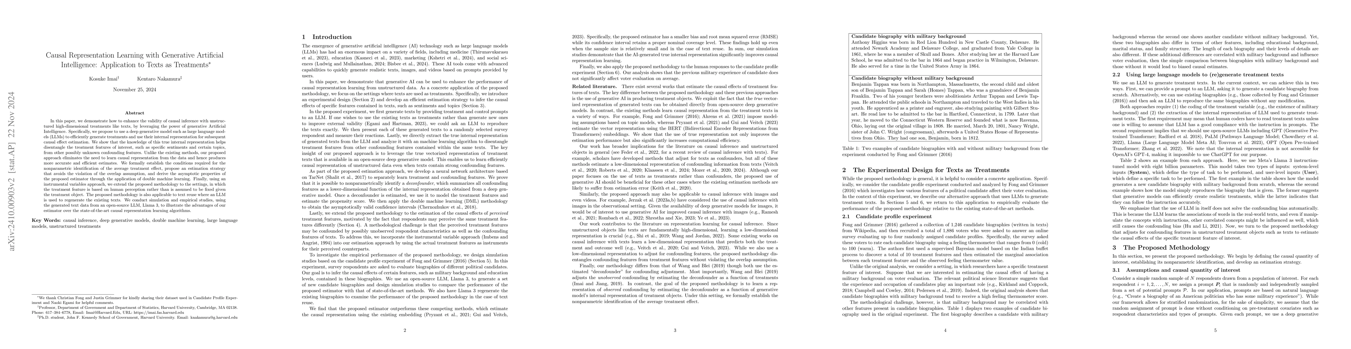 Thumbnail for Causal Representation Learning with Generative Artificial Intelligence:
  Application to Texts as Treatments