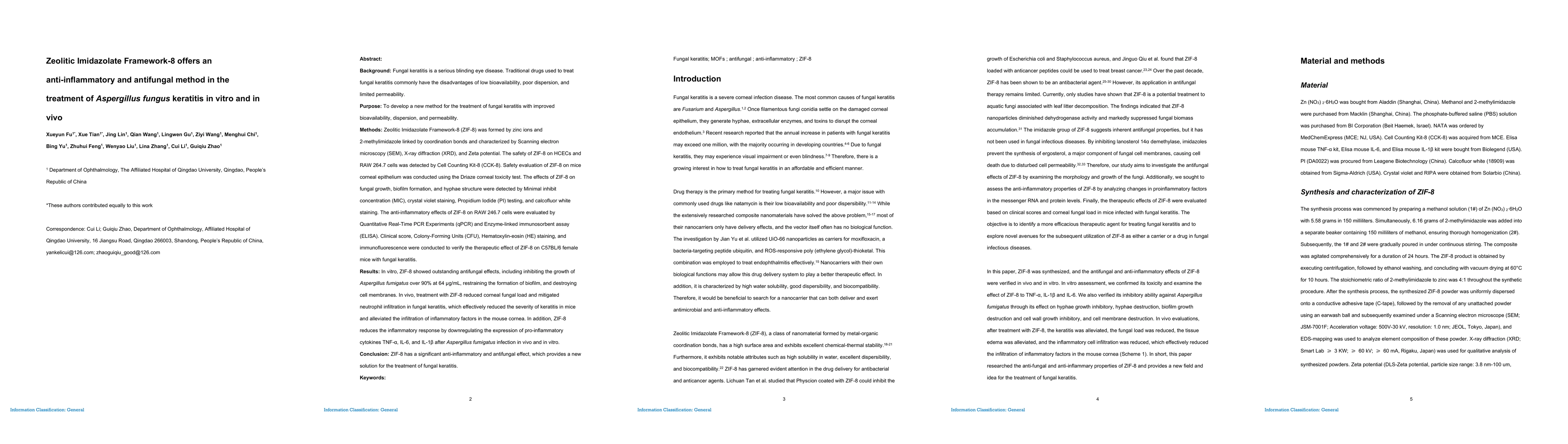 Thumbnail for Zeolitic Imidazolate Framework-8 offers an anti-inflammatory and
  antifungal method in the treatment of Aspergillus fungus keratitis in vitro
  and in vivo
