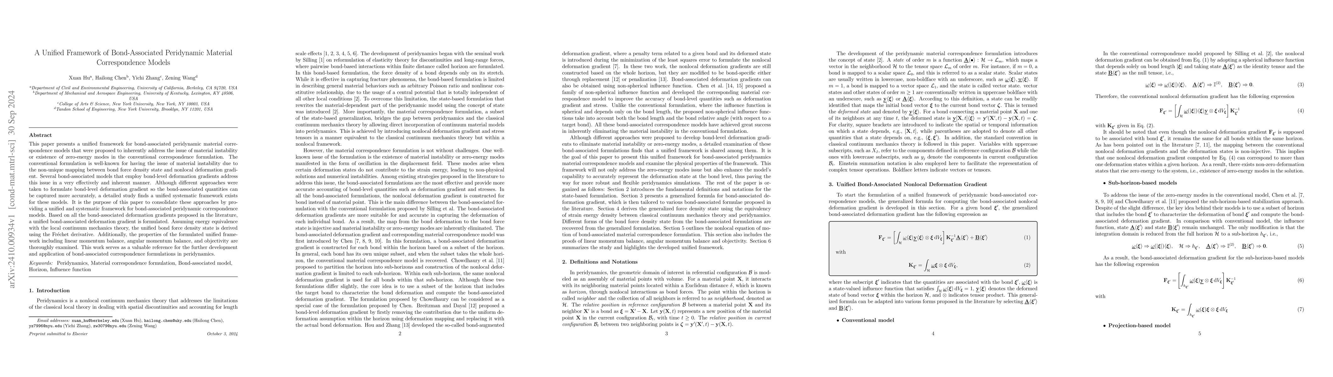 Thumbnail for A Unified Framework of Bond-Associated Peridynamic Material
  Correspondence Models