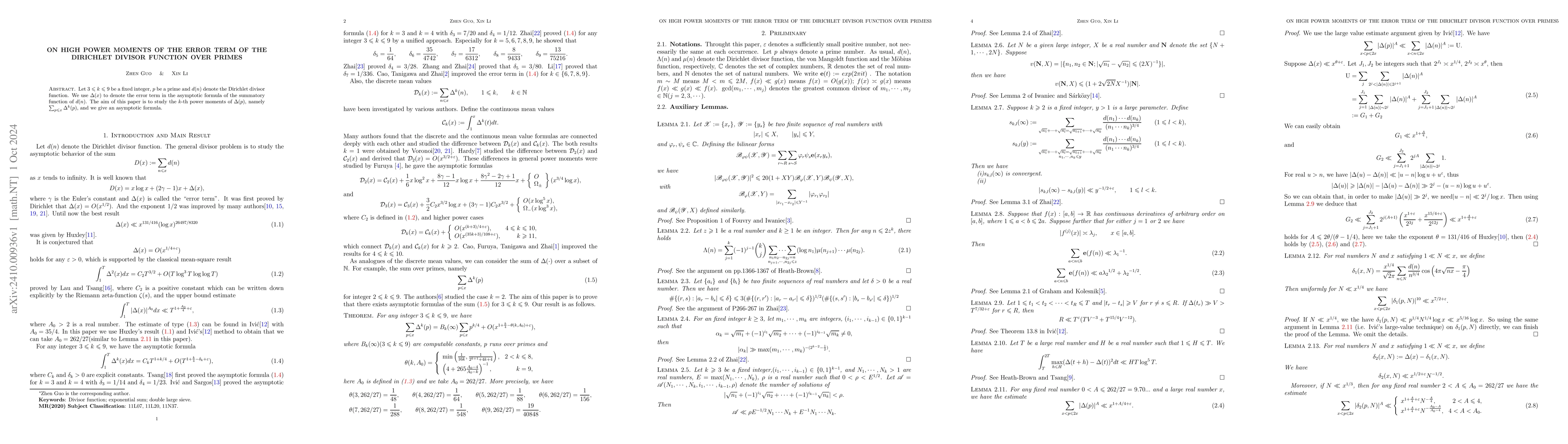 Thumbnail for On high power moments of the error term of the Dirichlet divisor
  function over primes