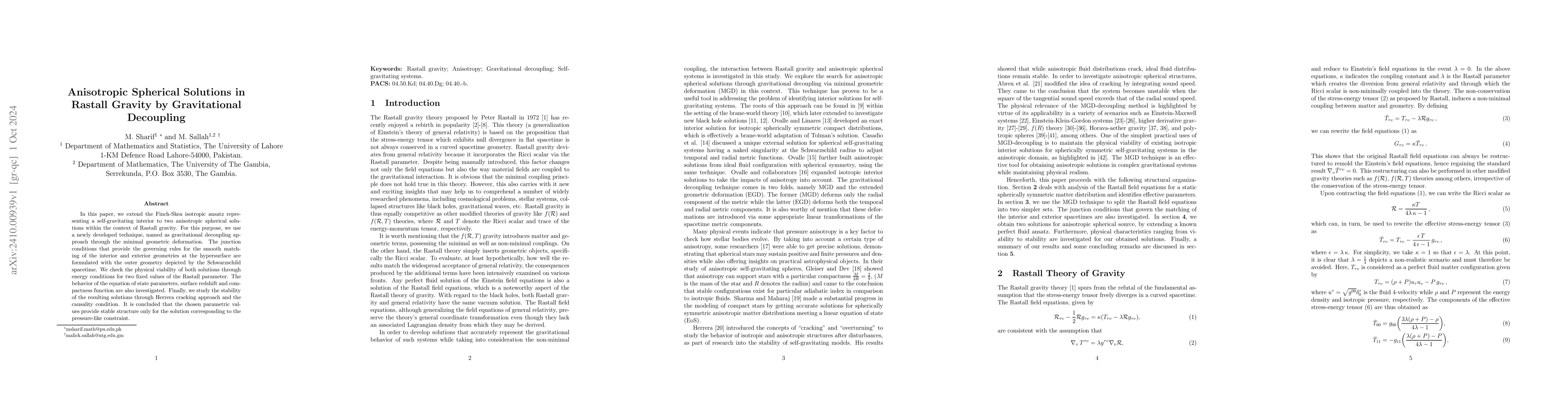Thumbnail for Anisotropic Spherical Solutions in Rastall Gravity by Gravitational
  Decoupling