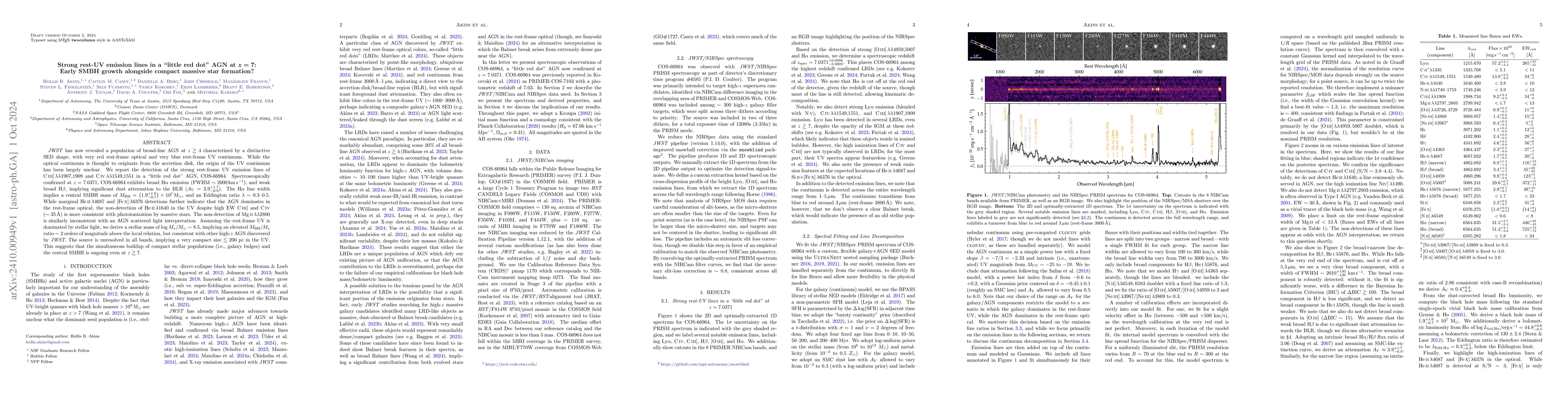 Thumbnail for Strong rest-UV emission lines in a "little red dot" AGN at $z=7$: Early
  SMBH growth alongside compact massive star formation?