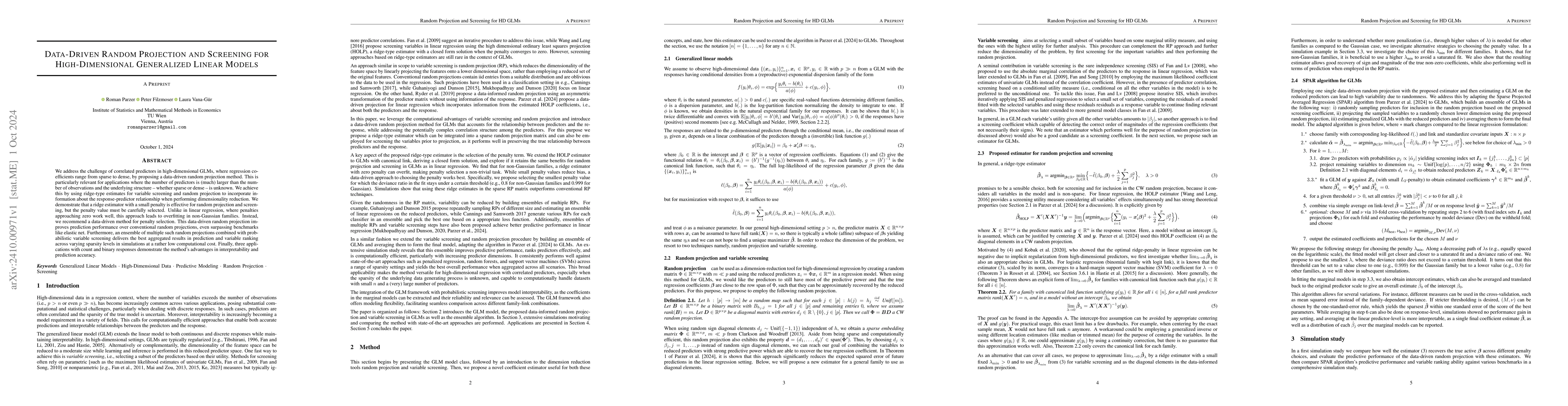 Thumbnail for Data-Driven Random Projection and Screening for High-Dimensional
  Generalized Linear Models