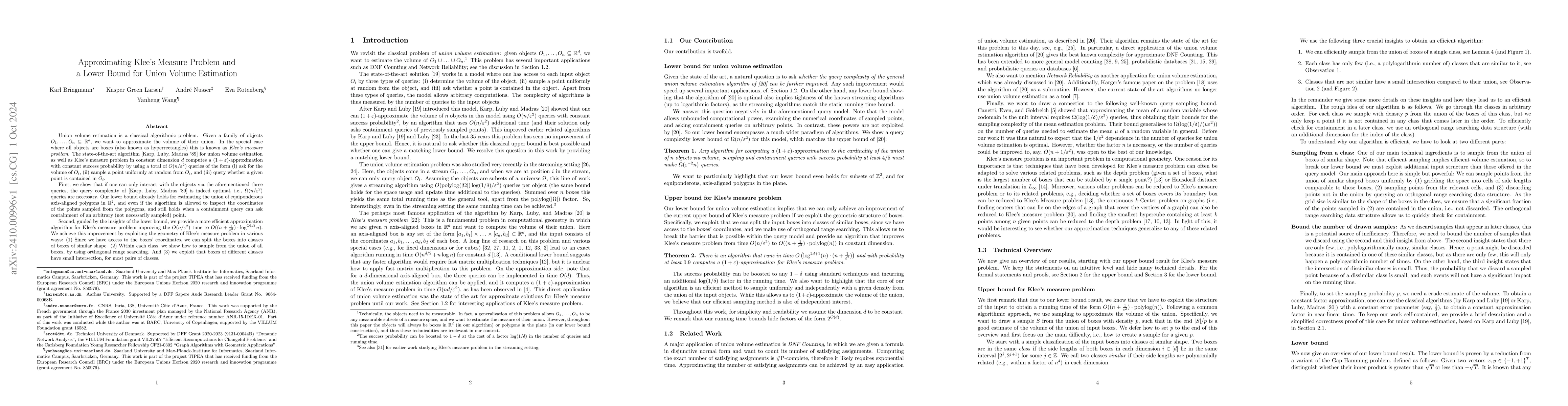 Thumbnail for Approximating Klee's Measure Problem and a Lower Bound for Union Volume
  Estimation
