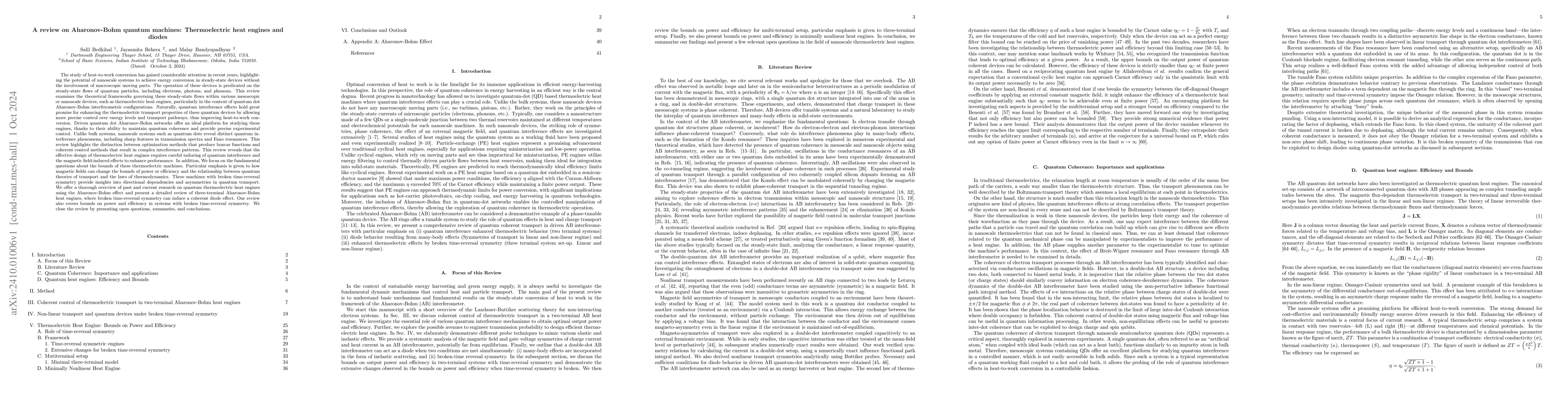 Thumbnail for A review on Aharonov-Bohm quantum machines: Thermoelectric heat engines
  and diodes