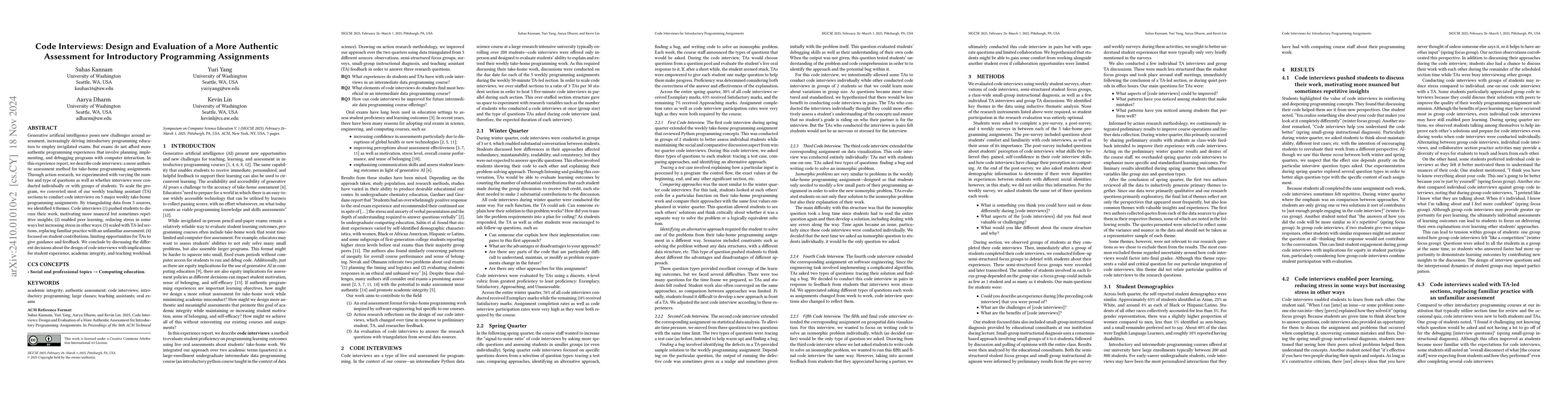 Thumbnail for Code Interviews: Design and Evaluation of a More Authentic Assessment
  for Introductory Programming Assignments