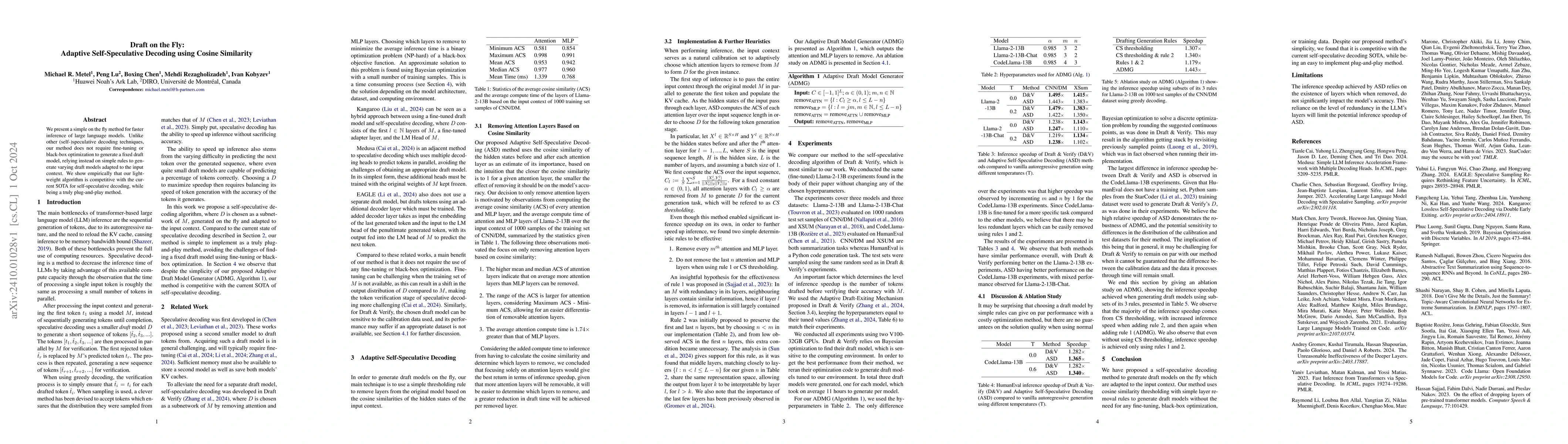 Thumbnail for Draft on the Fly: Adaptive Self-Speculative Decoding using Cosine
  Similarity
