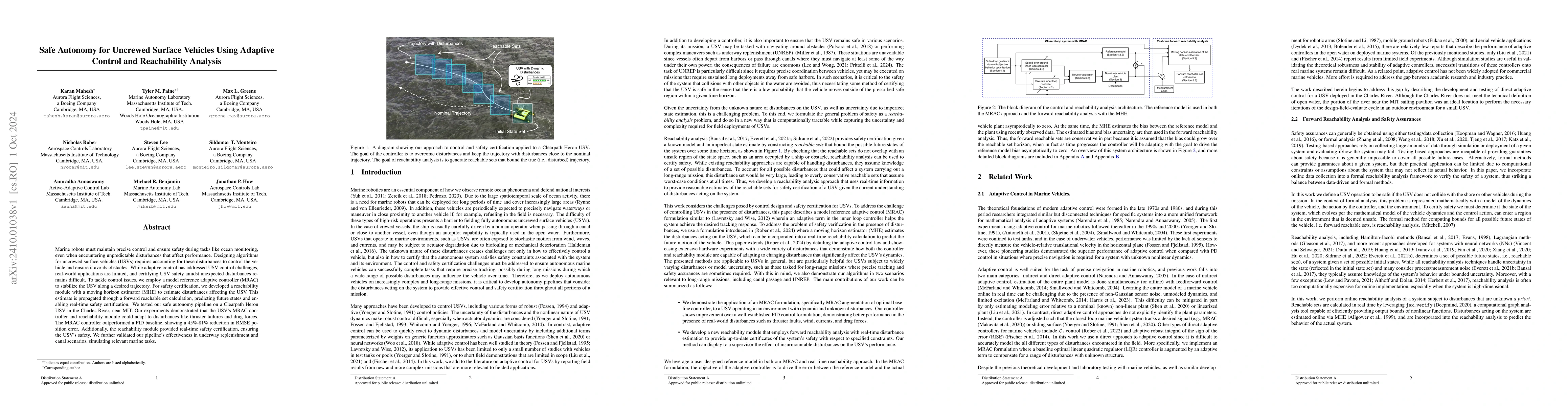 Thumbnail for Safe Autonomy for Uncrewed Surface Vehicles Using Adaptive Control and
  Reachability Analysis