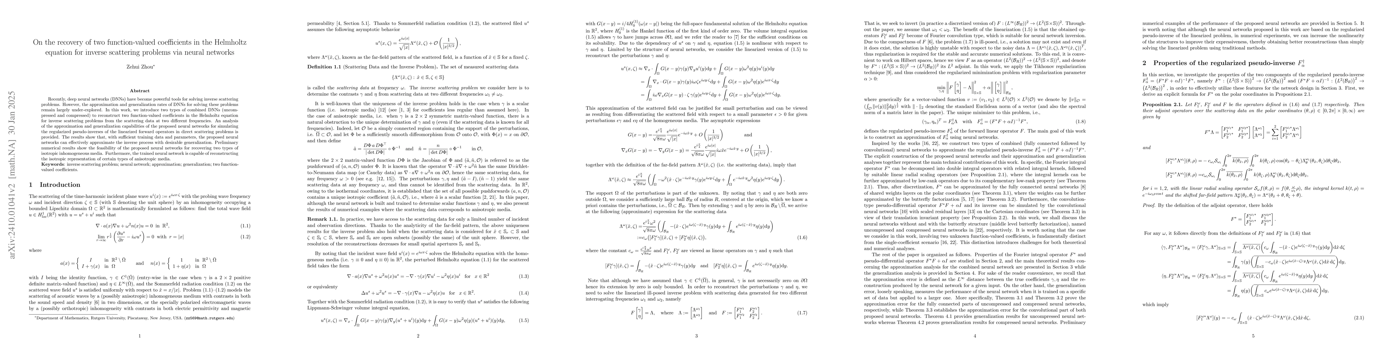 Thumbnail for On the simultaneous recovery of two coefficients in the Helmholtz
  equation for inverse scattering problems via neural networks
