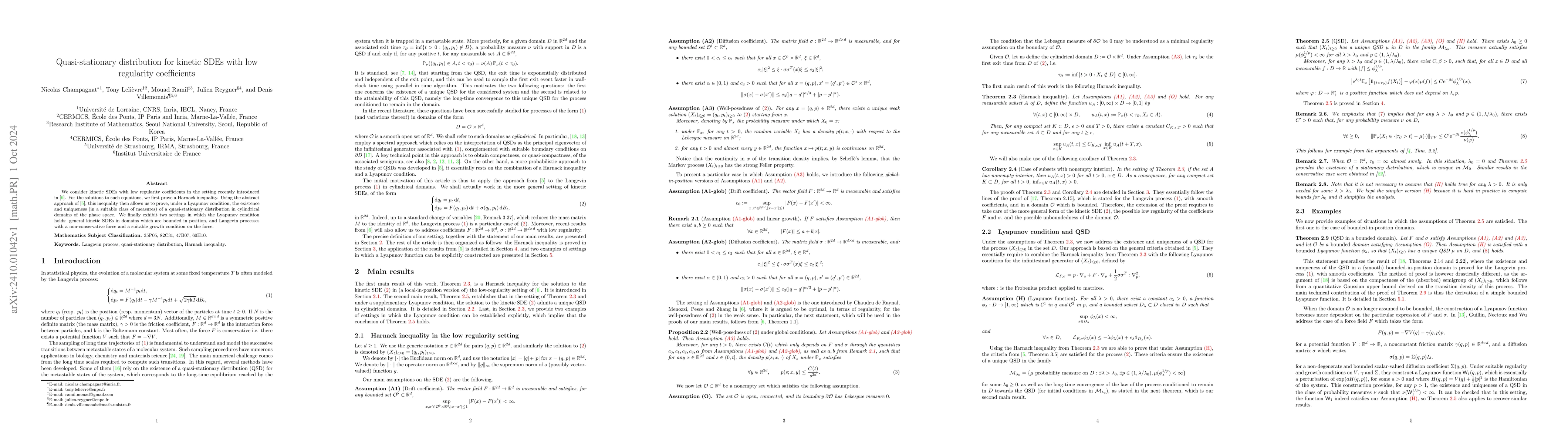 Thumbnail for Quasi-stationary distribution for kinetic SDEs with low regularity
  coefficients